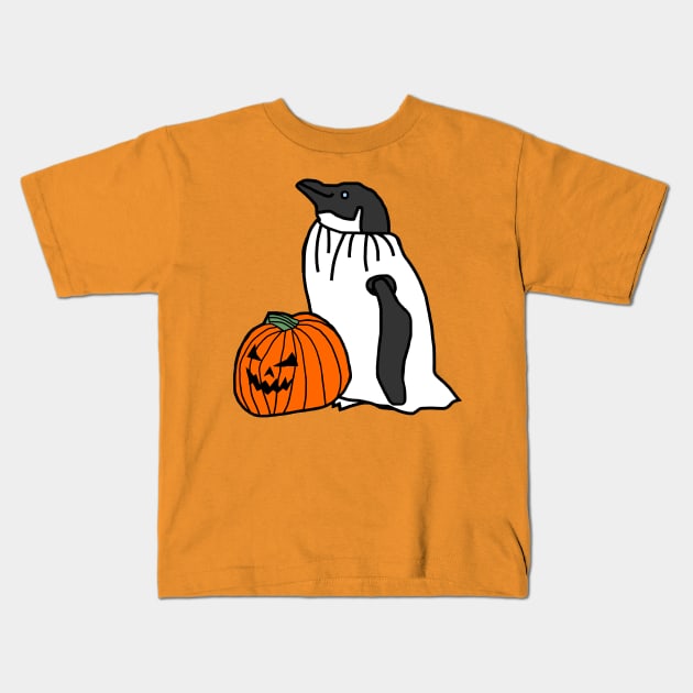 Penguin in Pumpkin Ghost Costume for Halloween Horror Kids T-Shirt by ellenhenryart